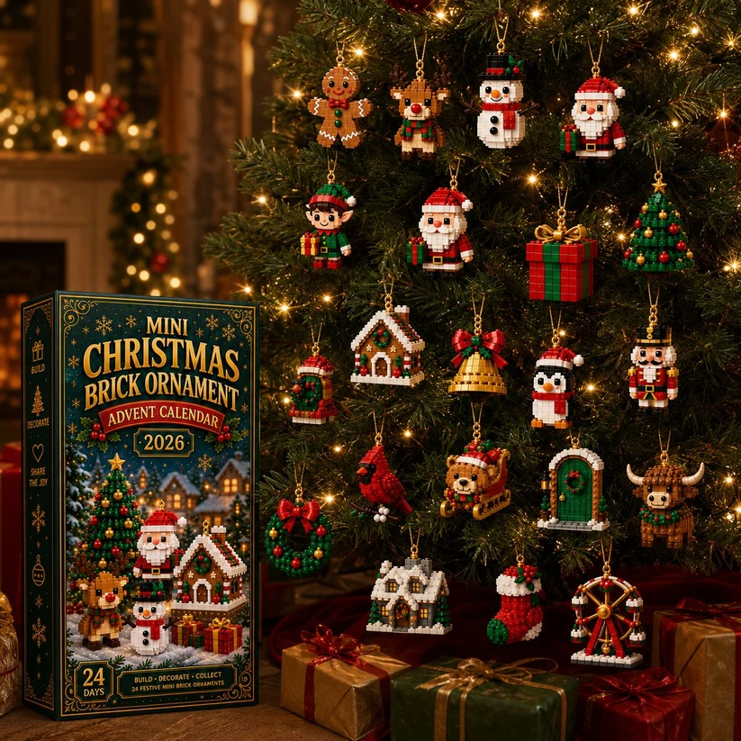 24-Day Mini Christmas Ornament Advent Calendar | 24 unique festive buildable designs with hanging loops—perfect for decorating Christmas trees, wreaths, and holiday displays 🧱